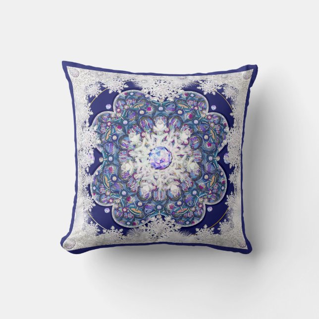 Blue rosace & snowflake throw pillow (Front)