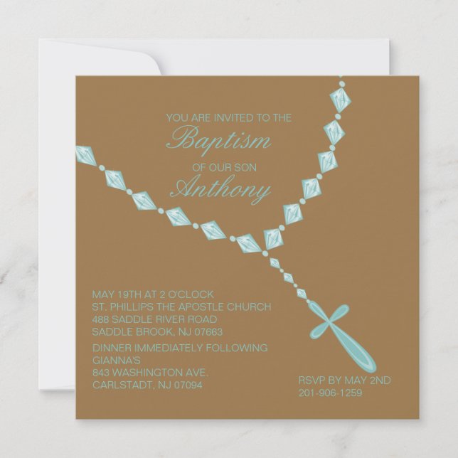 Blue, Rosary Beads Boys Baptism Invitation (Front)