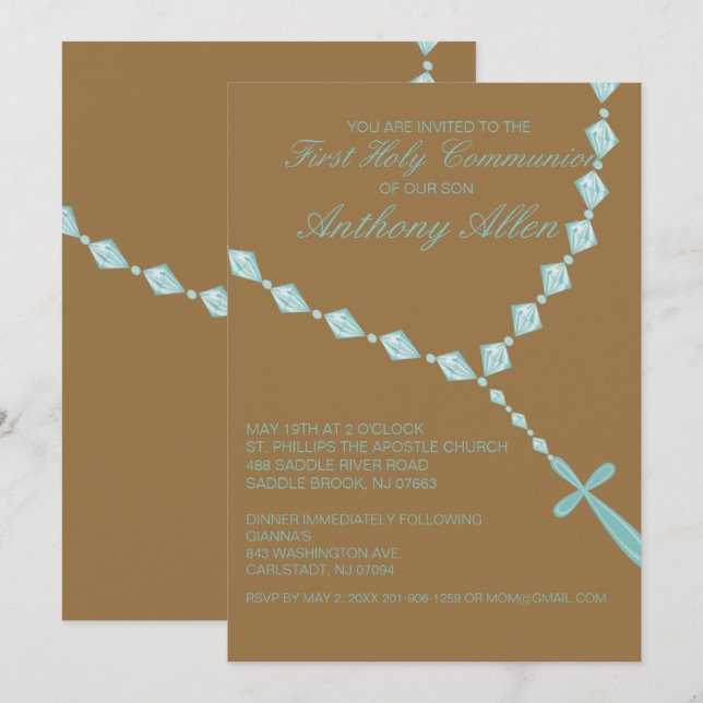 Blue, Rosary Beads Boys Communion Invitation (Front/Back)