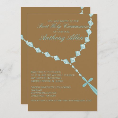 Blue Rosary Beads Boys Communion Invitation
