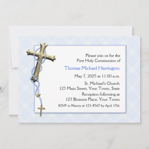 Blue Rosary Beads Cross Religious Invitation