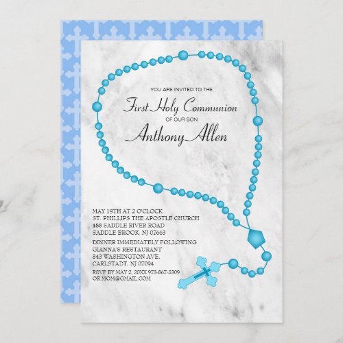 Blue Rosary Beads First Holy Communion Invitation