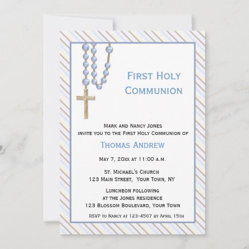 Blue Rosary Beads Stripes Religious Invitation
