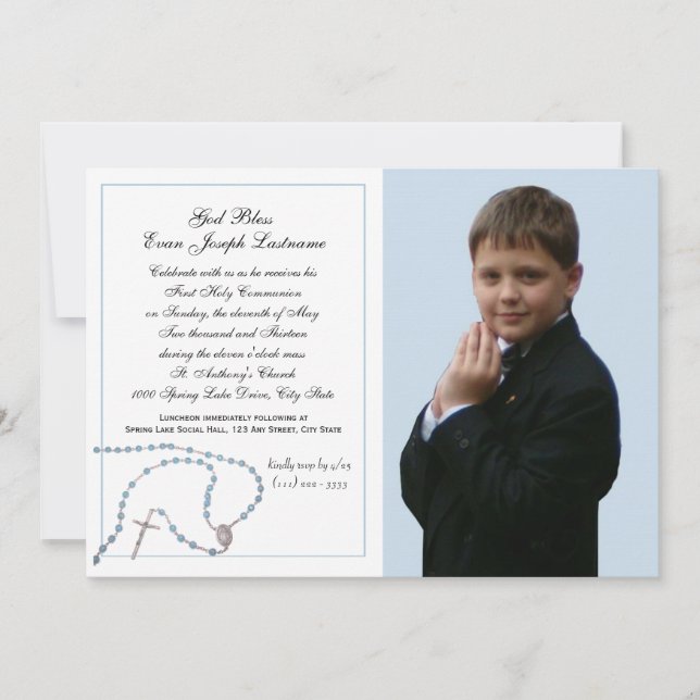 Blue Rosary Communion Photo Invitation (Front)