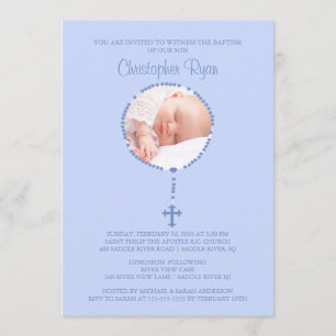 BLUE Rosary Cross Photo Baptism Inviation BOY Invitation