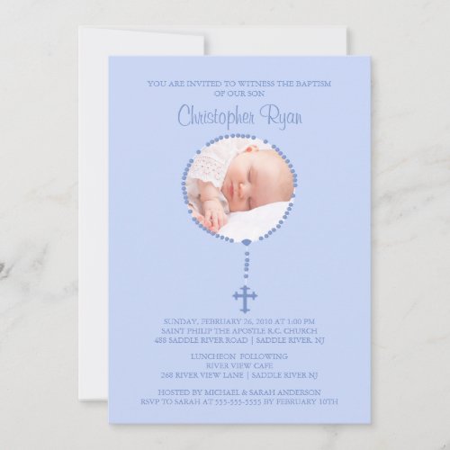 BLUE Rosary Cross Photo Baptism Inviation BOY Personalized Invitation