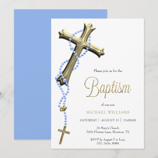Blue Rosary Decorated Gold Cross Baptism Invitation (Front/Back)