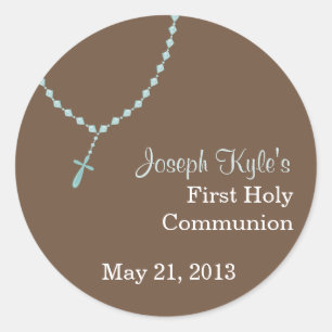 Blue Rosary on Brown First Holy Communion Classic Round Sticker