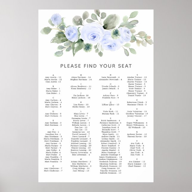 Blue Rose Alphabetical Wedding Seating Chart (Front)