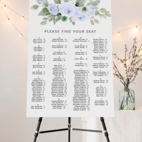 Blue Rose Alphabetical Wedding Seating Chart Foam Board