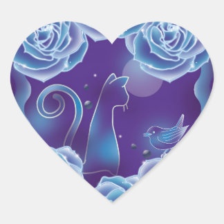 Blue rose and blue cat　青いバラと青い猫 heart sticker
