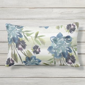Blue Rose and Cornflower Watercolor Lumbar Pillow