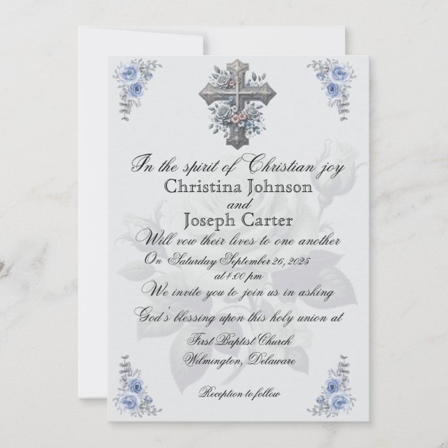 Blue Rose and Cross Christian Wedding invitation (Front)