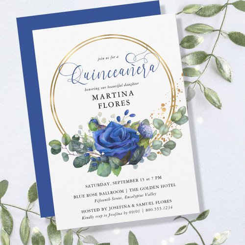 Blue Rose and Eucalyptus Elegant Quinceanera Invitation