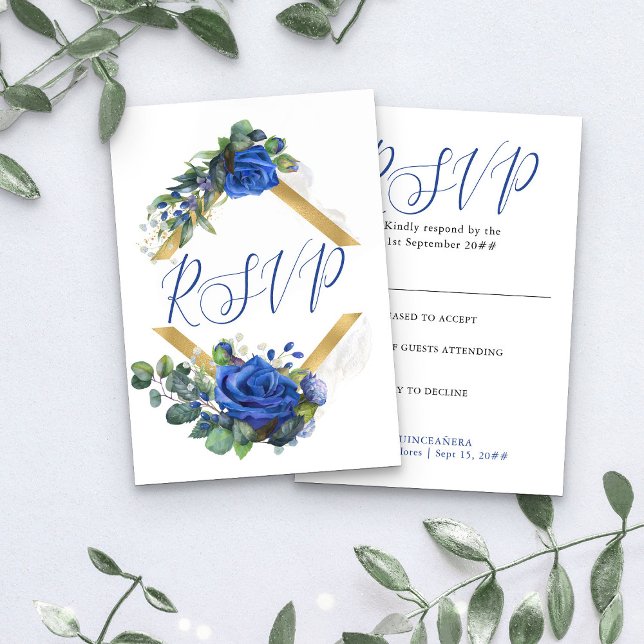 Blue Rose and Eucalyptus Elegant Quinceanera RSVP Card (Elegant RSVP Card from my Rose and Eucalyptus Quinceanera collection)