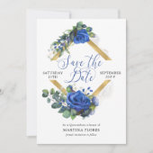Blue Rose and Eucalyptus Elegant Quinceanera Save The Date (Front)