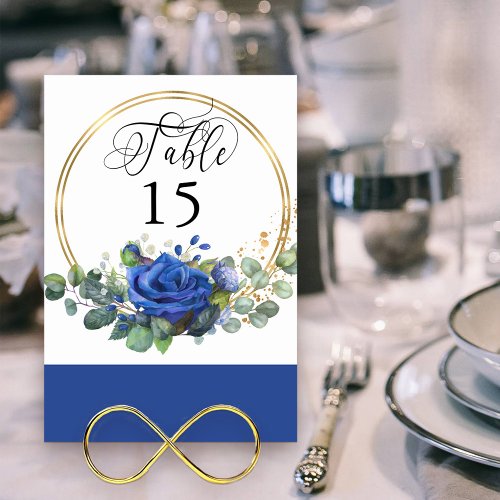 Blue Rose and Eucalyptus Gold Frame Table Number