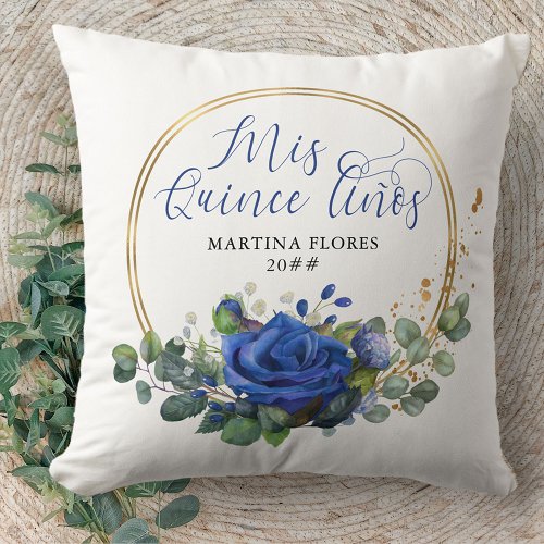 Blue Rose and Eucalyptus Mis Quince Anos Custom Throw Pillow