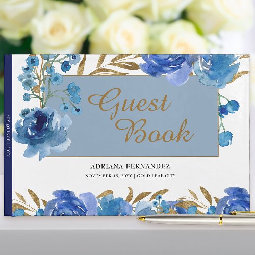 Blue Rose and Gold Leaf Celebration Guest Book