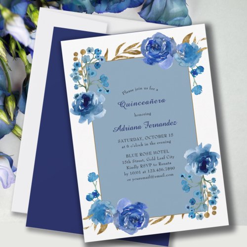 Blue Rose and Gold Leaf Elegant Floral Quinceanera Invitation
