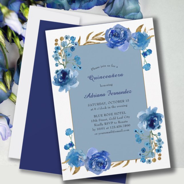 Blue Rose and Gold Leaf Elegant Floral Quinceanera Invitation (Creator Uploaded)