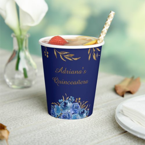 Blue Rose and Gold Leaf Elegant Special Occasion Paper Cups