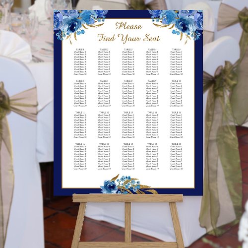 Blue Rose and Gold Leaf Max 20 Table Seating Chart Foam Board