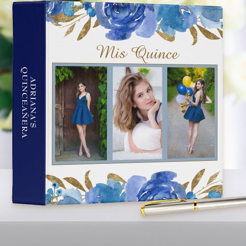 Blue Rose and Gold Leaf Mis Quince 3 Photo 3 Ring Binder
