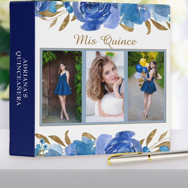 Blue Rose and Gold Leaf Mis Quince 3 Photo Ring Binder (Mis Quince binder organizer / album / guest book from my Rose and Gold Leaf quinceanera collection)