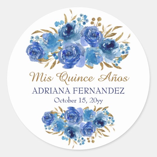 Blue Rose and Gold Leaf Mis Quince Anos Classic Round Sticker | Zazzle.com