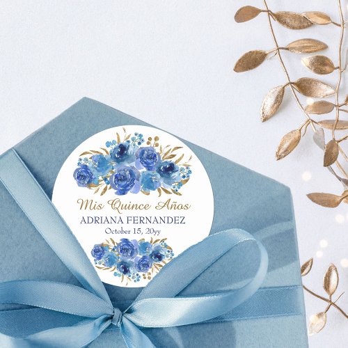 Blue Rose and Gold Leaf Mis Quince Anos Classic Round Sticker