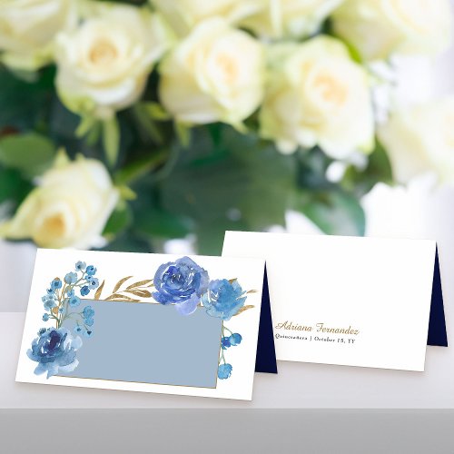 Blue Rose and Gold Leaf Name Plate Place Card