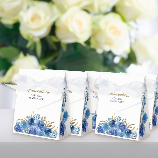 Blue Rose and Gold Leaf Personalized Floral Favor Boxes (Blue rose floral favor boxes from my Rose and Gold Leaf quinceanera collection)