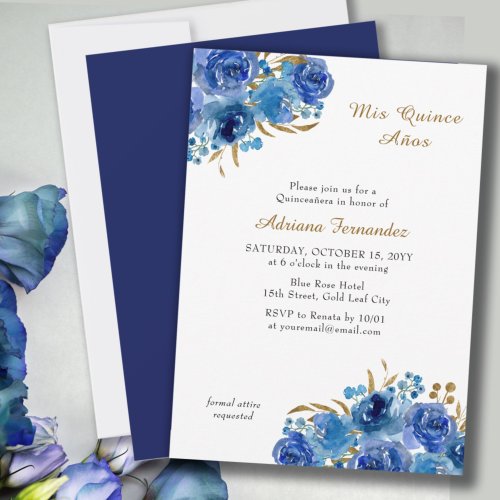 Blue Rose and Gold Leaf Quince Anos Quinceanera Invitation