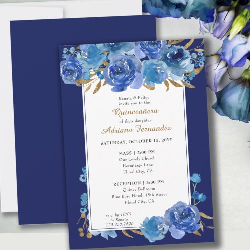 Blue Rose and Gold Leaf Quinceanera and Mass Invitation