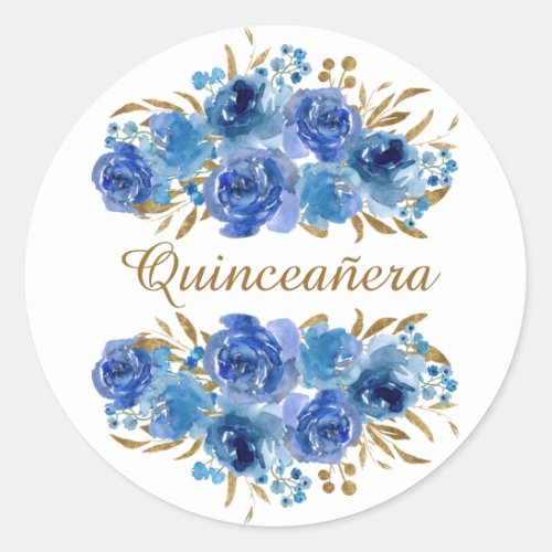Blue Rose and Gold Leaf Quinceanera Classic Round Sticker