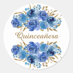 Blue Rose and Gold Leaf Quinceanera Classic Round Sticker