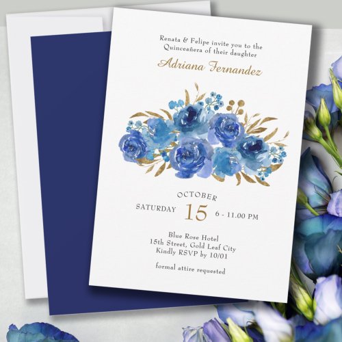 Blue Rose and Gold Leaf Quinceanera Invitation
