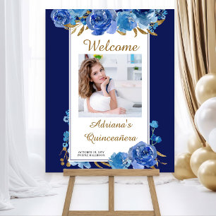 Blue Rose and Gold Leaf Quinceanera Photo Welcome Foam Board