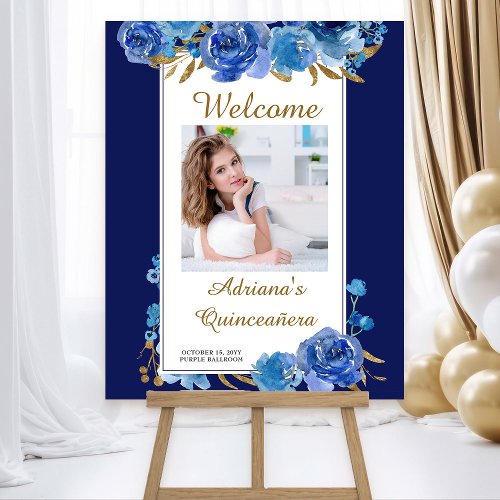 Blue Rose and Gold Leaf Quinceanera Photo Welcome Foam Board