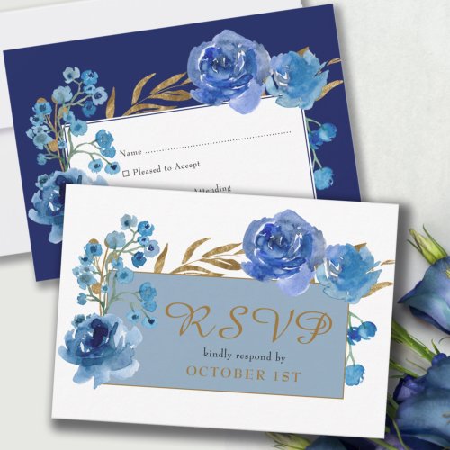 Blue Rose and Gold Leaf Quinceanera Response Card