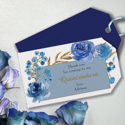 Blue Rose and Gold Leaf Quinceanera Thank You Gift Tags