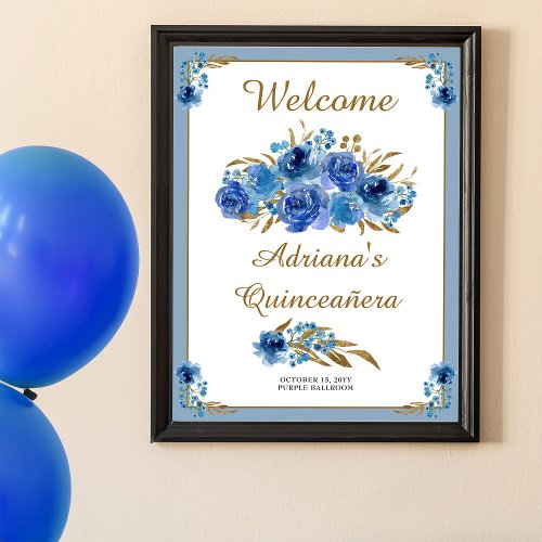 Blue Rose and Gold Leaf Quinceanera Welcome Poster