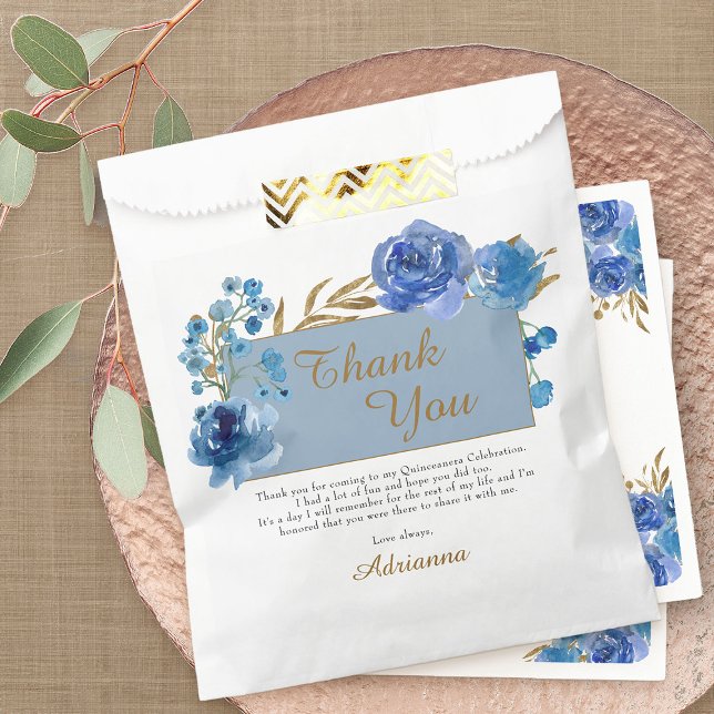 Blue Rose and Gold Leaf Thank You Party Favor Bag (Blue roses favor bags from my Rose and Gold Leaf quinceanera collection)