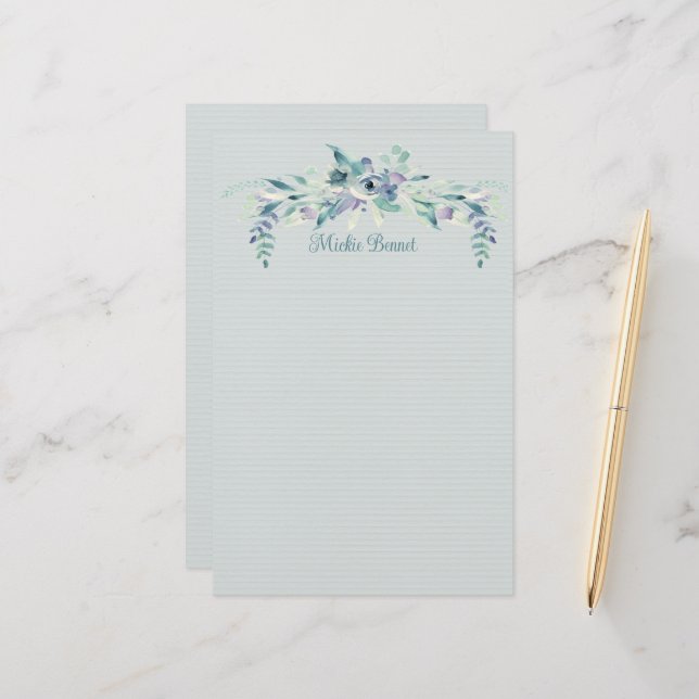 Blue Rose and Teal Personalized Stationery (Front/Back In Situ)