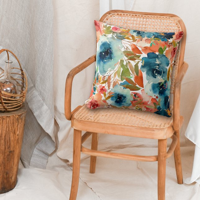 Blue Rose Autumn Floral Pattern Throw Pillow (Creator Uploaded)