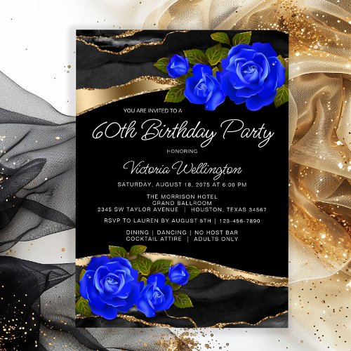Blue Rose Black Gold Any Number Birthday Invitation