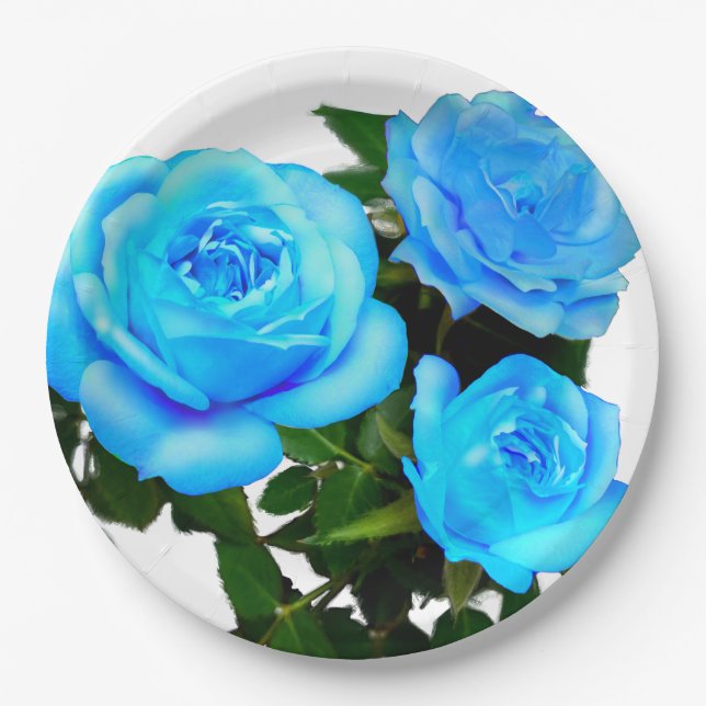 Blue rose blue flowers paper plates (Front)