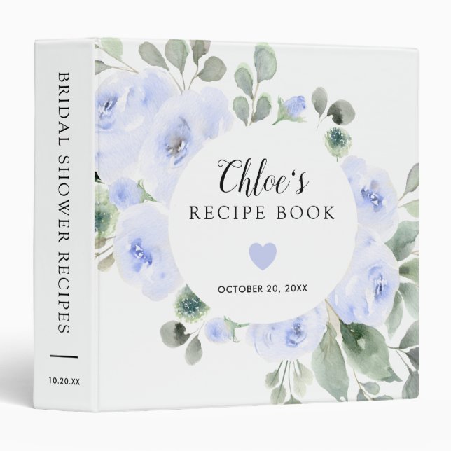  Blue Rose Botanical Bridal Shower Recipe Book 3 Ring Binder (Front/Spine)