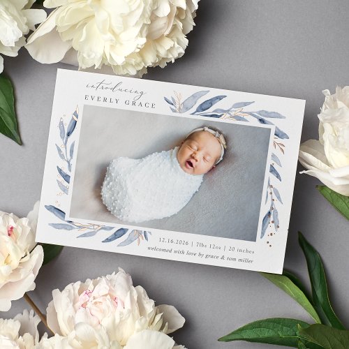 Blue  Rose Botanical  Foil Birth Announcement